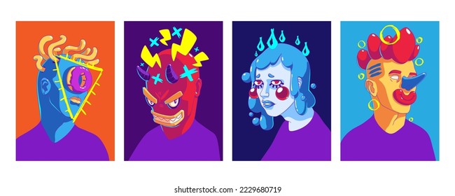 Contemporary posters with abstract people portraits. Creative artwork set with funny women and men faces with geometric shapes and crazy design, vector collection
