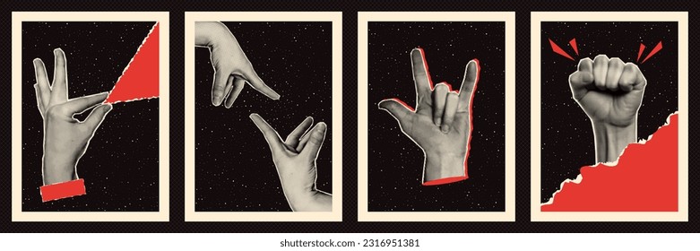 Contemporary posters set. Halftone collage hands and star space. Red torn paper. Vector art.