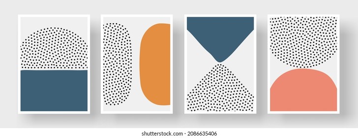 Contemporary posters set with triangle and round shapes, dots texture. Vector illustration. Modern boho minimalist art with geometric flat forms. Abstract nature balance, minimal sea water and earth