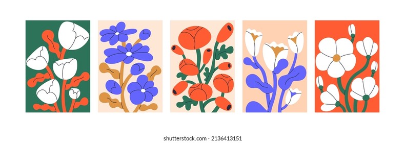 Contemporary posters, wall art designs with abstract flowers. Trendy Matisse-inspired floral paintings set. Creative vertical placards for interior. Modern artworks. Colored flat vector illustrations