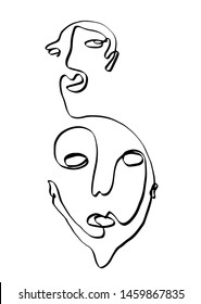 Contemporary primitive abstract portrait face in cubism linear graphic style drawing. Minimal avatar human face painting by pencil.  