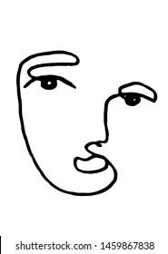 Contemporary primitive abstract portrait face in cubism linear graphic style drawing. Minimal avatar human face painting by pencil.  