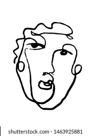 Contemporary primitive abstract portrait face in cubism linear graphic style drawing. Minimal avatar human face painting by pencil.  