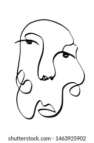 Contemporary primitive abstract portrait face in cubism linear graphic style drawing. Minimal avatar human face painting by pencil.  