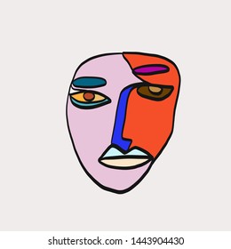 contemporary primitive abstract portrait human. colorful creative composition with lines, shapes, different elements. cubism art style. 