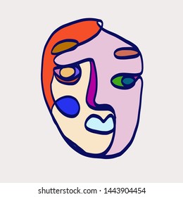 contemporary primitive abstract portrait human. colorful creative composition with lines, shapes, different elements. cubism art style. 