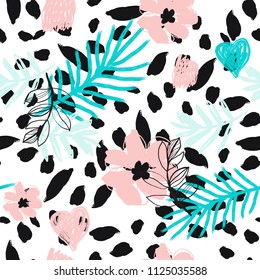 Contemporary Print with Flowers and Palm Leaves. Vector Seamless Pattern for Fashion ,Notebook,Phone Cower,Invitation,Fabric Texture