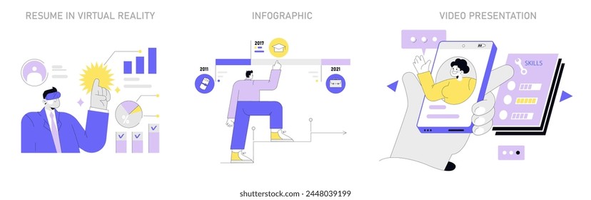 Contemporary Professional Toolkit set. Dynamic work presentations engaging virtual reality, infographic timelines, and interactive video resumes. Vector illustration.