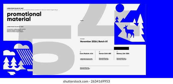 Layout promocional contemporâneo com paisagens abstratas, tipografia modular e azul vibrante sobre fundo claro, elaborado para o design de produto de 2026.