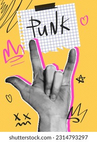 Contemporary punk poster with halftone hand making rock gesture.Naive doodle elements and checkered notebook sheet. Vector illustration.