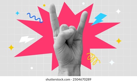 Contemporary punk poster with hand making rock gesture. Doodle elements. Vector illustration.