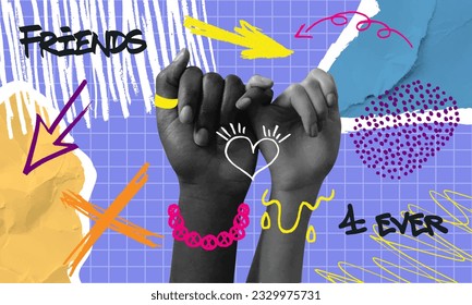 Contemporary punk poster and hands holding each other  Concept human relation  togetherness  friendship partnership  Design for banner  flyer  poster cover Naive doodle elements Vector