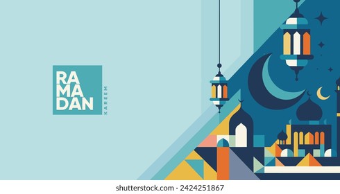 Contemporary Ramadan Kareem greeting design with stylized mosque architecture, hanging lanterns, crescent moons, stars, and geometric patterns.