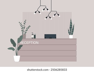 A contemporary reception desk adorned with decorative plants and stylish lighting fixtures creates a welcoming atmosphere
