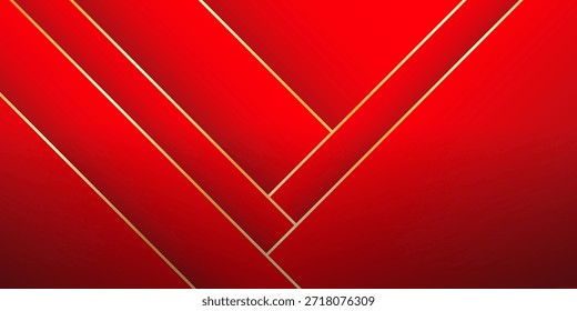 A contemporary red abstract background enhanced by geometric line structures, diagonal stripes, and thin metallic gold elements