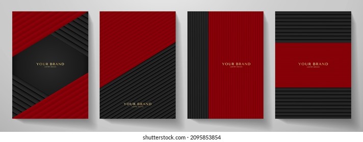 Contemporary red and black cover design set. Maroon color dynamic line pattern (geometric stripe). Vector background for cover notebook, vertical business page, menu template