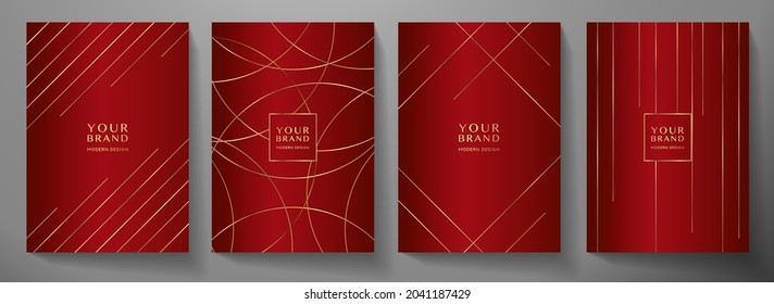 Contemporary red cover design set. Luxury dynamic gold circle, line pattern. Creative premium stripe vector background for brochure template, notebook, invite,  Christmas card