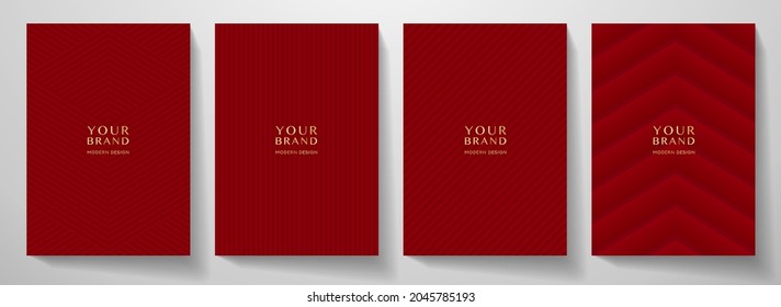 Contemporary red cover design set. Maroon color dynamic line pattern (geometric stripe ornament). Vector background for cover notebook, vertical business page, menu template