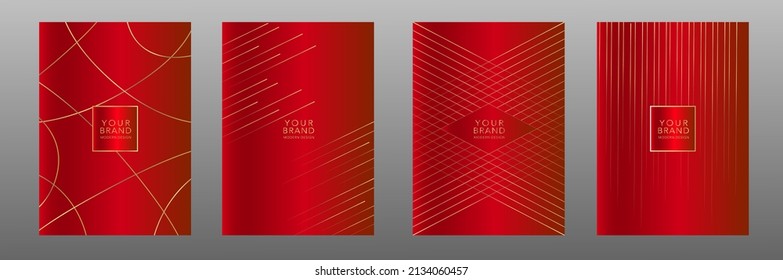 Contemporary red cover design set. Luxury dynamic gold circle line pattern. Creative premium stripe vector background for catalog, brochure template, notebook, invitation, business card, menu