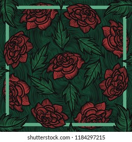 contemporary red rose and leaves lines pattern with green frame