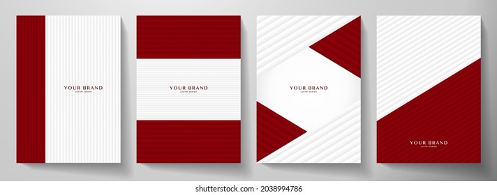 Contemporary red and white cover design set. Maroon color dynamic line pattern (geometric stripe). Vector background for cover notebook, vertical business page, menu template