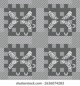 Contemporary Repeating Checkerboard Pattern Featuring Abstract Palm and Pine Accents