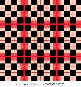 Contemporary Repeating Checkerboard Pattern with Vibrant Abstract Foliage Accents