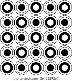 Contemporary repeating line pattern of decagons in black on white background, seamless geometric vector illustration
