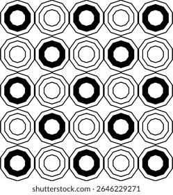Contemporary repeating line pattern of decagons in black on white background, seamless geometric vector illustration