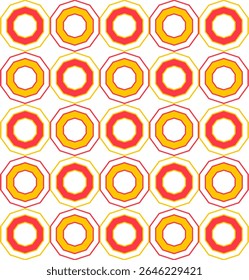 Contemporary repeating line pattern of decagons in yellow and red on white background, seamless geometric vector illustration