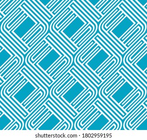 Contemporary repeating white linear outline diagonal squares pattern on a turquoise background, geometric vector illustration