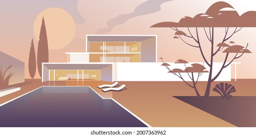 Contemporary residential architecture, abstract flat vector illustration in pastel Orange shades. Drawing for landing page mockup, advertising booklet design or banner.