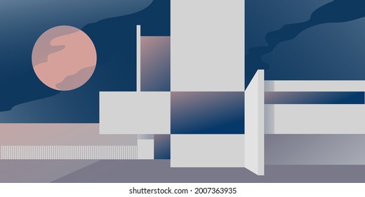 Arquitectura residencial contemporánea por la noche, abstracta ilustración vectorial plana en tonos azul pastel y rosa. Antecedentes para el simulacro de página de inicio, diseño de folleto publicitario o banner.