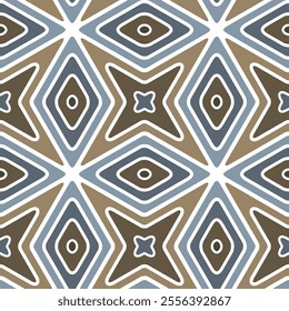Contemporary retro-style abstract design with blue and brown concentric geometric shapes on a white background. Seamless repeating pattern. Vector illustration.