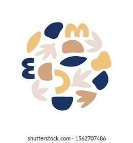 Contemporary round composition hand drawn vector illustration. Colorful modern art style elements in circle shape isolated on white background. Various multicolor abstract drawings, decorative artwork