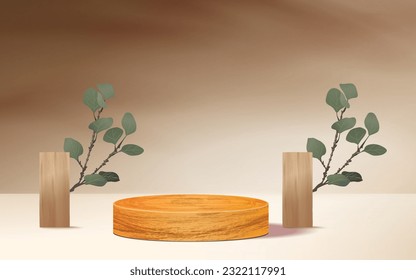 Contemporary Rounded Wood Podium Stand - Light Brown Background with Natural Light