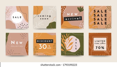 Contemporary sale banner set. Abstract squares with organic hand drawn botanical shapes for social media, web, flyers. Vector illustration.