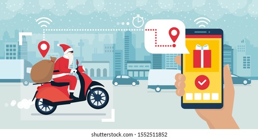 Contemporary Santa Claus riding a moped and delivering Christmas gifts, delivery app tracking in the foreground