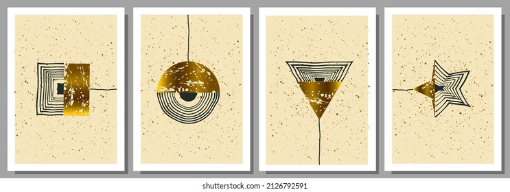 Contemporary scandinavian design. Trendy set of abstract wall decoration with golden textures. Modern illustrations.