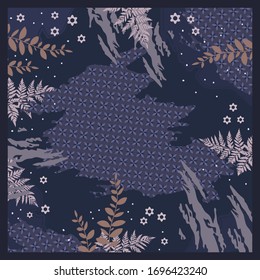 Contemporary scarf pattern design with leaf and flower on navy blue. Hijab Fashion