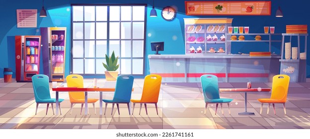 Diseño interior de comedor escolar contemporáneo. Dibujo vectorial de la cafetería vacía de la universidad o universidad con mesas, sillas, tentempiés, postres en vitrina. Bar de sándwiches en centro comercial