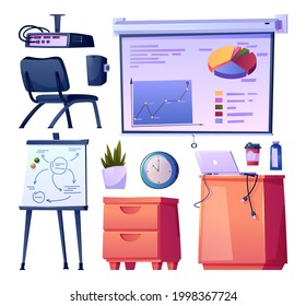 Contemporary school or office, university or college interior design isolated elements. Furniture and gadgets. Cabinets and whiteboard, projector and laptop, loudspeakers chair. Flat cartoon vector