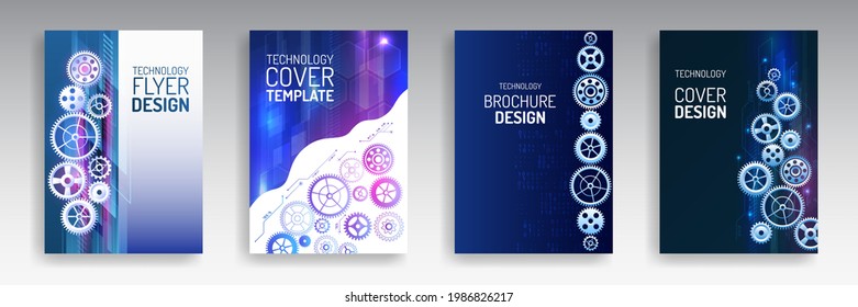 Contemporary science and digital technology concept. Vector template for brochure or cover with gears, mechanical elements background. Blue layout futuristic brochures, flyers, placards.