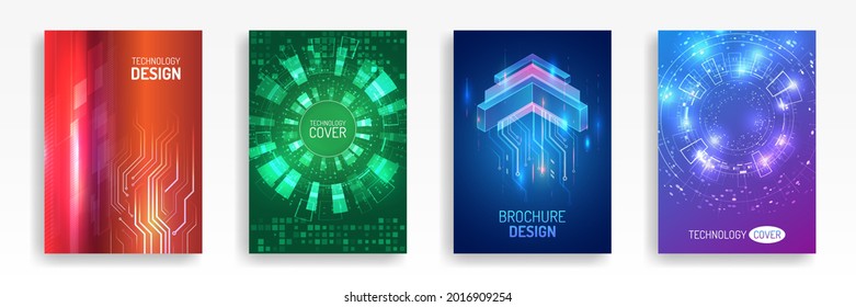 Contemporary science and digital technology concept. Vector template for brochure or cover with hi-tech elements background. Blue layout futuristic brochures, flyers, placards.