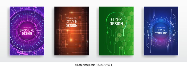 Contemporary science and digital technology concept. Vector template for brochure or cover with hi-tech elements background. Blue layout futuristic brochures, flyers, placards, presentation.