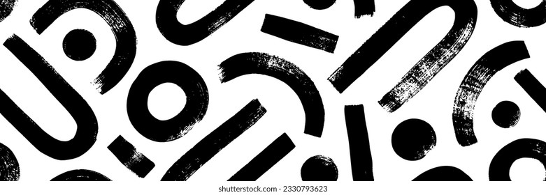 Contemporary seamles pattern with arches, circles, dots and straight lines. Brush drawn vector geometric banner background. Bold geometric shapes with scratches and grunge texture.