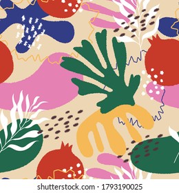 Contemporary seamless pattern.  Abstract background with organic shapes, hand drawn various elements. Modern vector illustration.