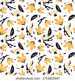 Contemporary seamless pattern with abstract flowers and tropical leaves. Summer print.