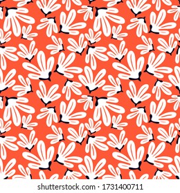 Contemporary seamless pattern with abstract flowers and tropical leaves. Summer print.