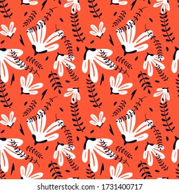 Contemporary seamless pattern with abstract flowers and tropical leaves. Summer print.